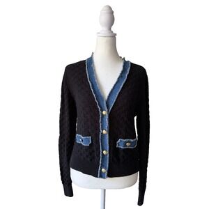 Laundry‎ by Shelli Segal Black Knit Cardigan Small Denim Trim Gold Button Preppy